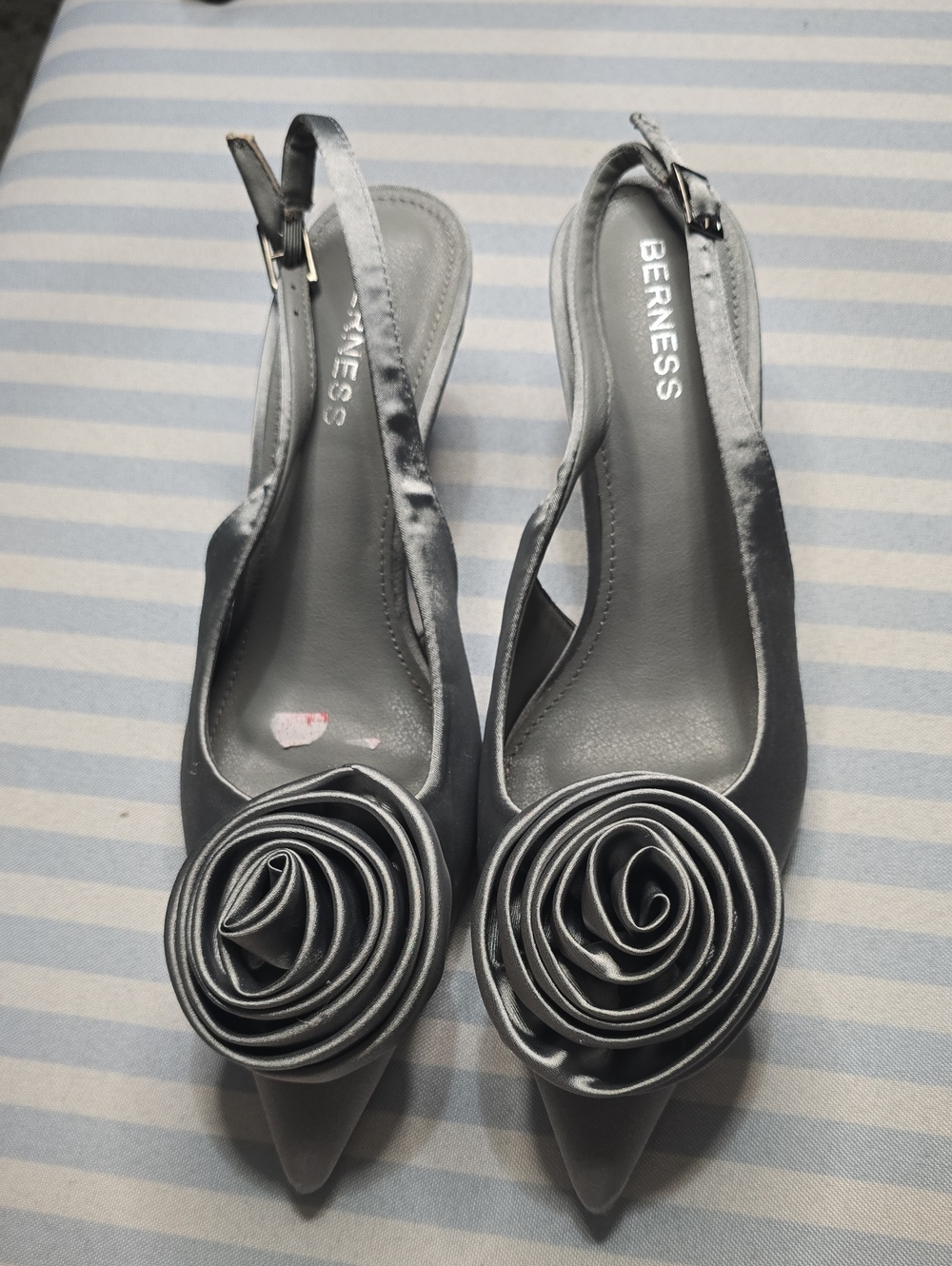 BERNESS Silver Pointed-Toe Slingback Heels with Rosette